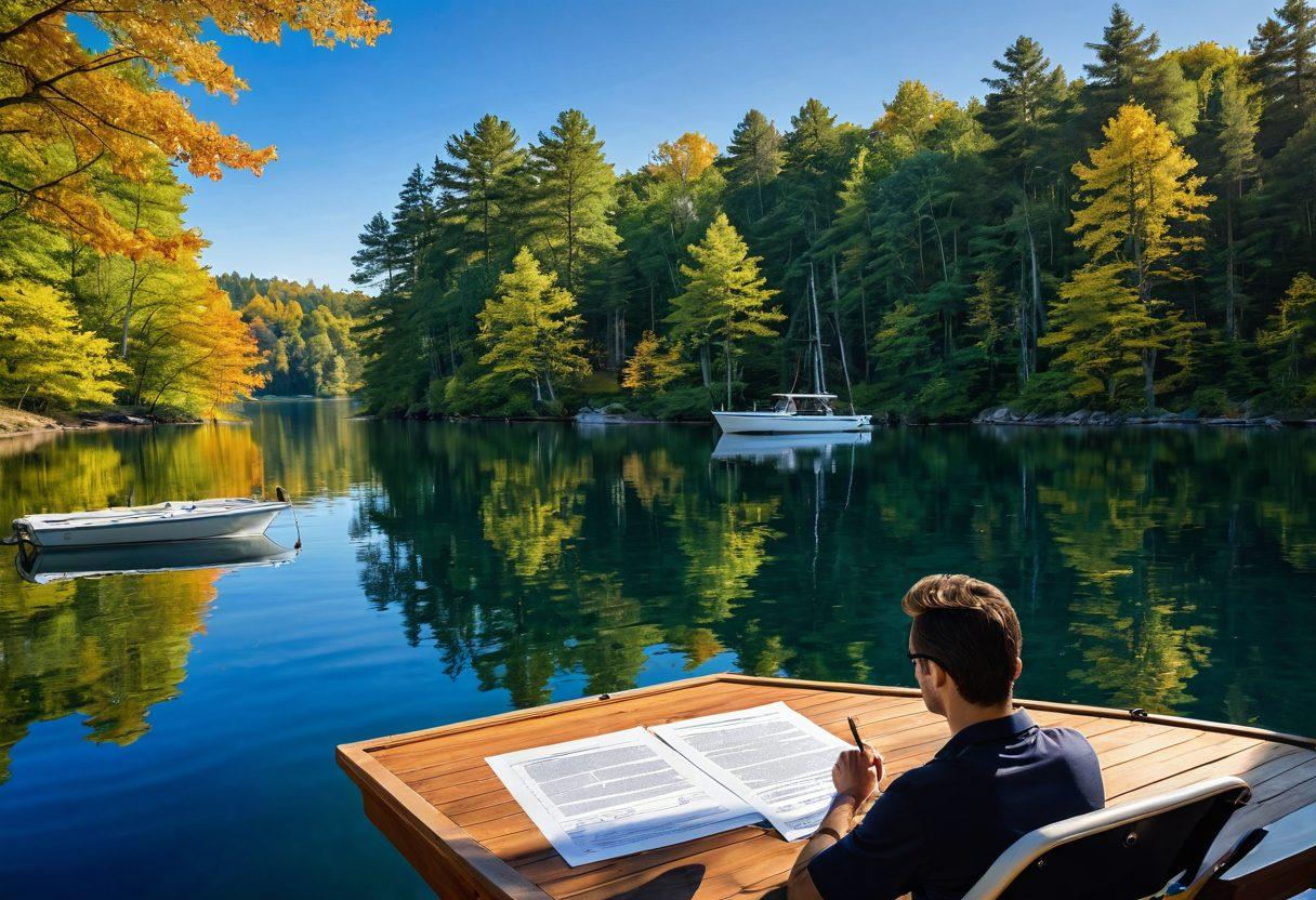 A serene lake setting with a luxurious boat anchored peacefully, showcasing a protective cover over it. In the foreground, a person is studying a detailed insurance document with a thoughtful expression. The background features vibrant trees and a clear blue sky, symbolizing safety and tranquility. Emphasize the watercraft's elegance and the importance of safeguarding investments. super-realistic. vibrant colors. peaceful atmosphere.