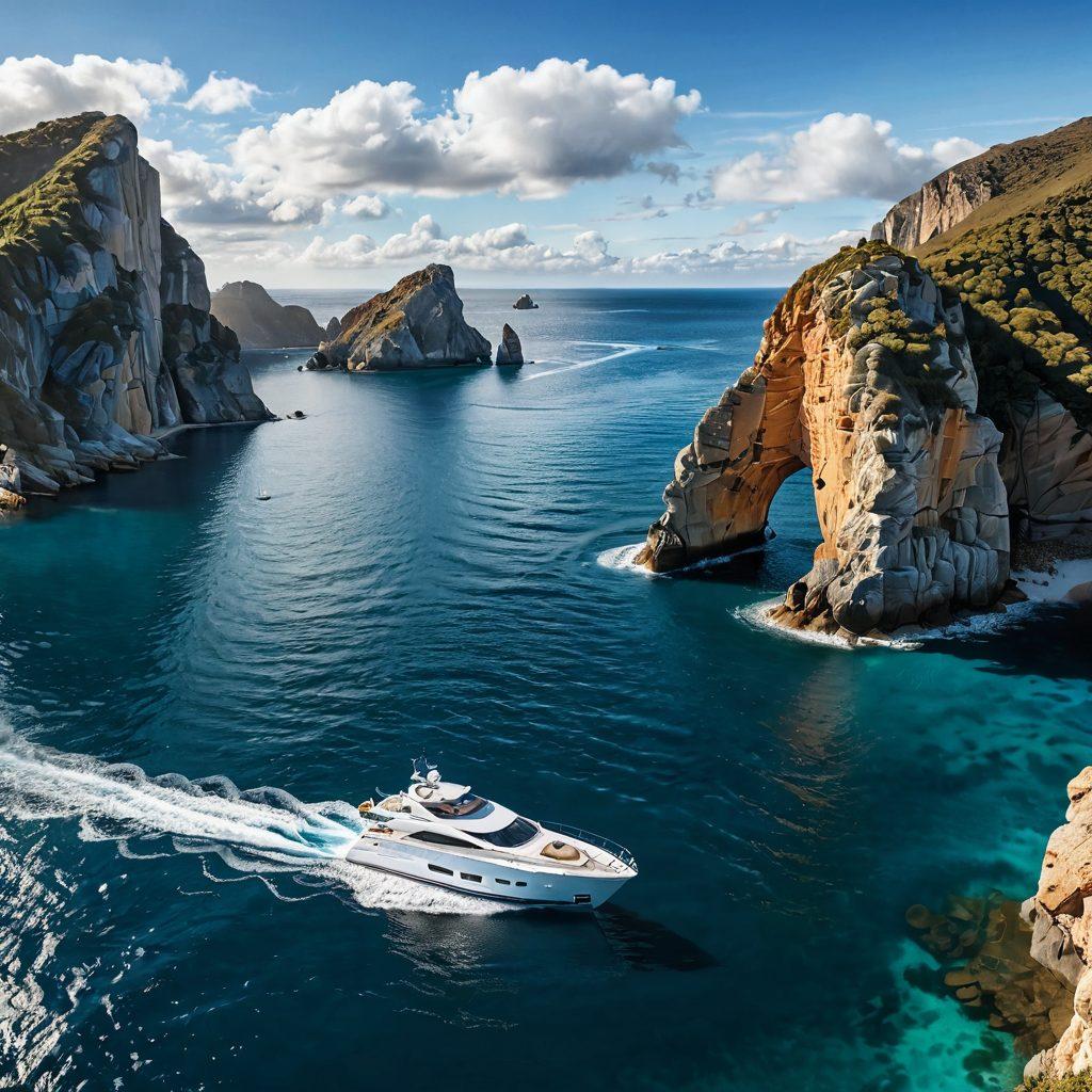 A serene ocean landscape featuring a modern yacht gliding through tranquil waters, surrounded by scenic coastal cliffs. Include a protective life ring floating nearby, symbolizing security in marine adventures. The sky is a vibrant blue with fluffy white clouds, adding a sense of calm and safety. The overall mood should convey both luxury and protection. super-realistic. vibrant colors. white background.
