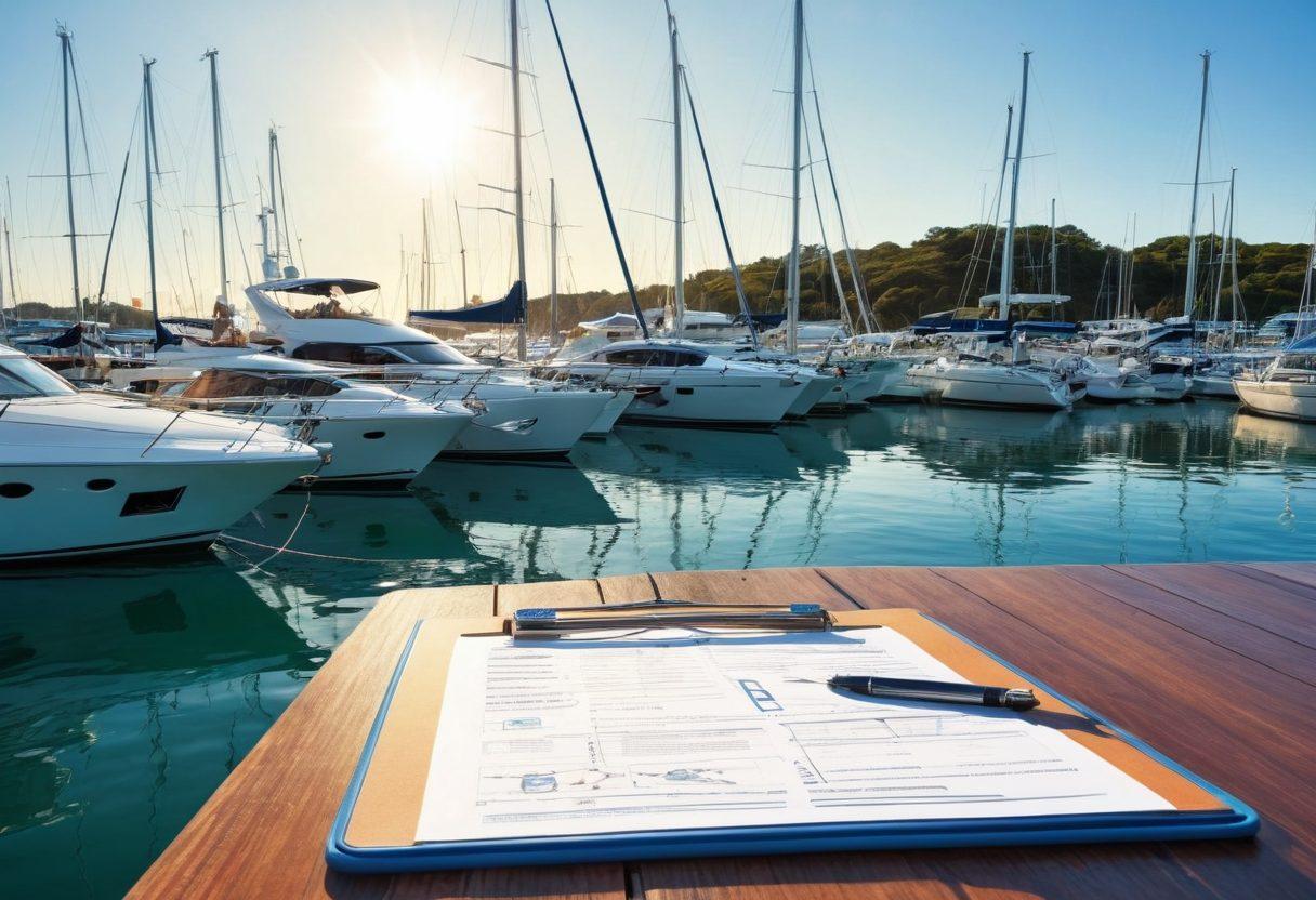 A serene marina scene featuring various yachts docked, with an emphasis on a shiny, modern yacht in the foreground. Include a smiling family discussing policies with an insurance agent on the deck, surrounded by nautical elements like ropes and buoys. The sky is bright and sunny, reflecting the joy of yachting. Incorporate visual elements such as a clipboard with policy terms and a compass to signify guidance. super-realistic. vibrant colors. coastal background.